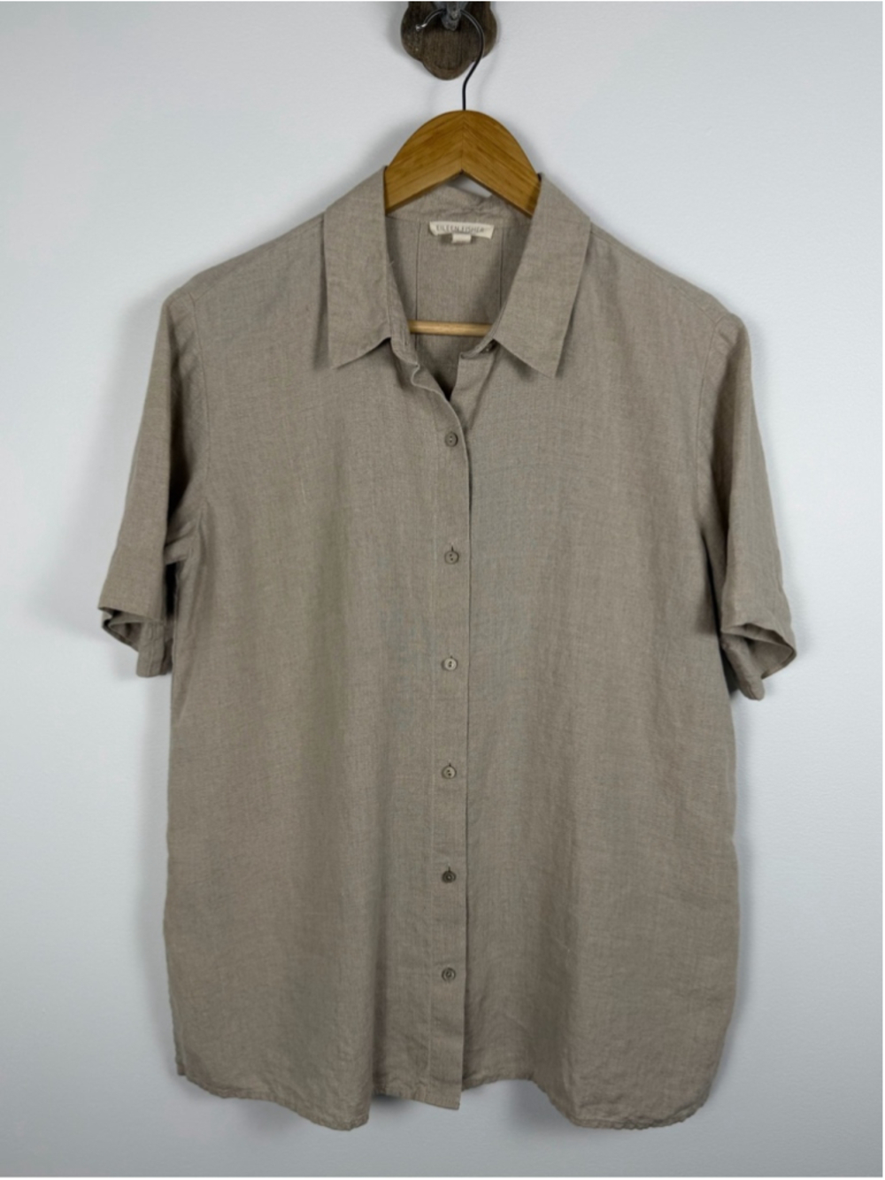 Eileen Fisher Beige Organic Linen Boxy Button Up Minimalist Capsule Shirt XS - Picture 1 of 9